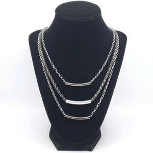 Triple Three Strand Curved Bar Silver Tone Layered Chain Link Necklace
